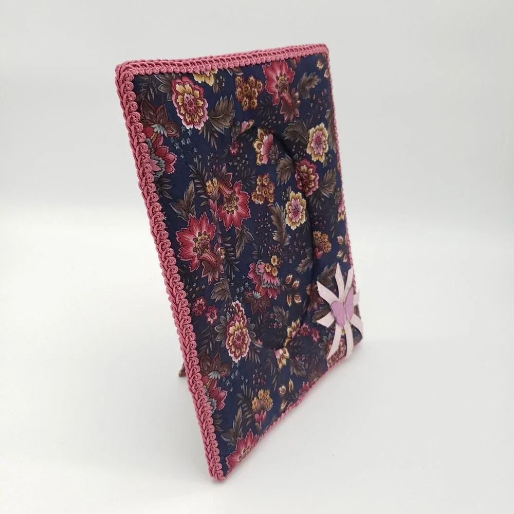 Vintage Floral Padded Fabric Photo Frame Pink Crochet Trim Butterfly Cottagecore